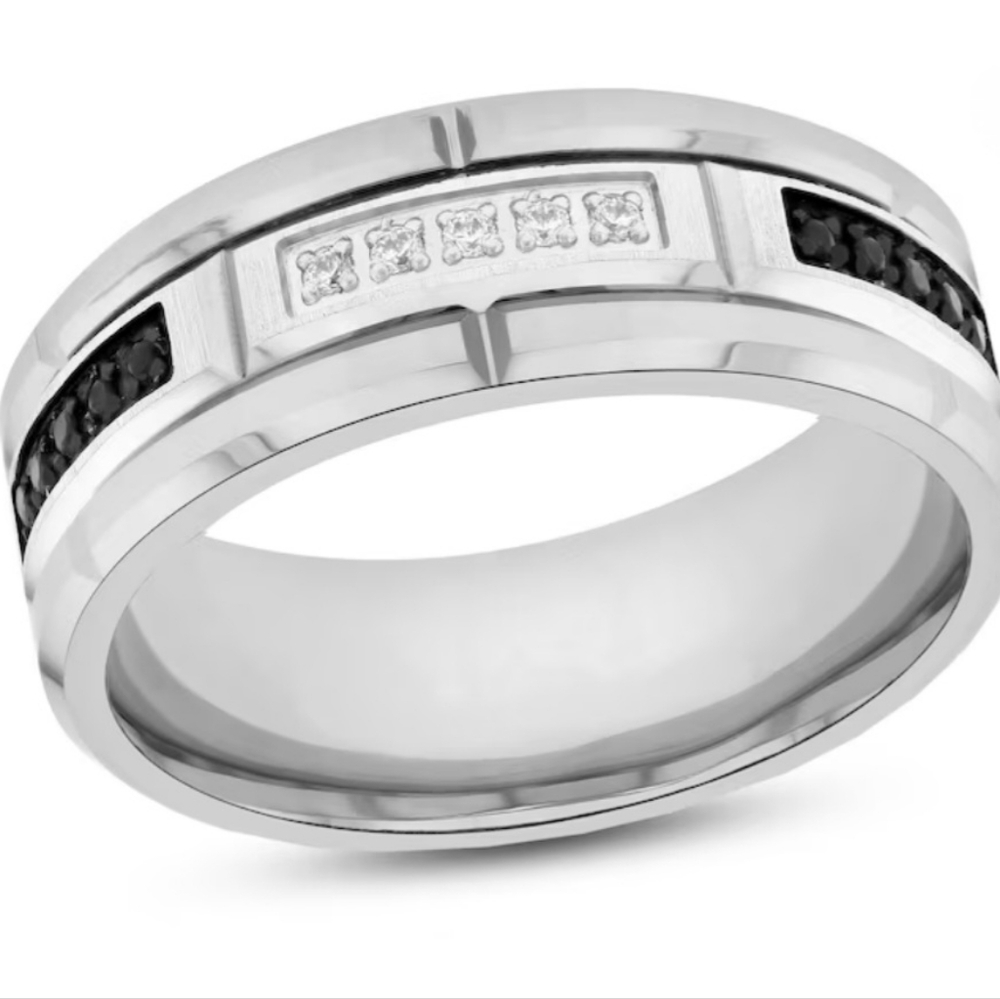 Mens Diamond Wedding Band Black & White Diamonds, Tungsten,  1/8 CTW - BNWT